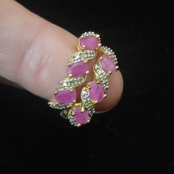 ROSS SIMON 925 Silver - Shiny Genuine Diamonds & Ruby Hoop Earrings - Picture 2 of 7